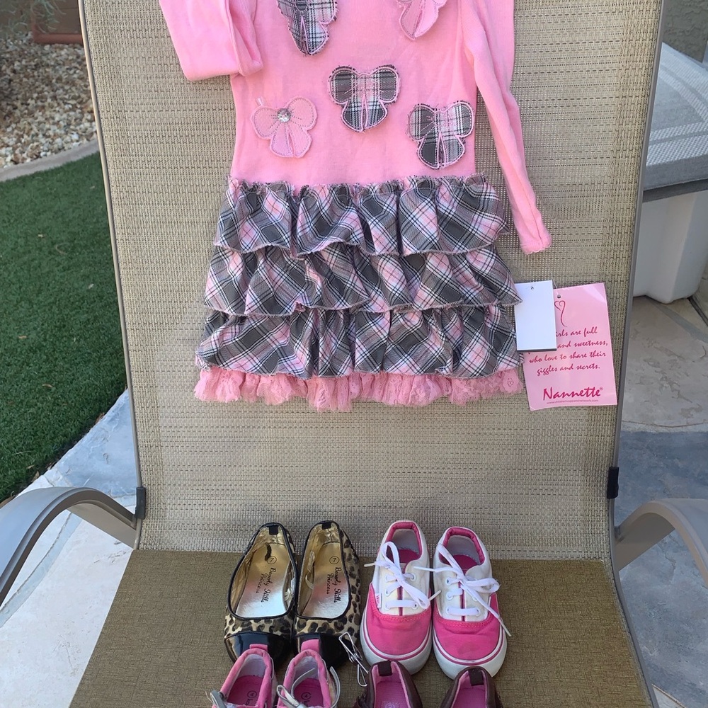 Girl’s Toddler Size 2 Ruffled Dress and Four Pairs of Shoes Upper Right are Vans